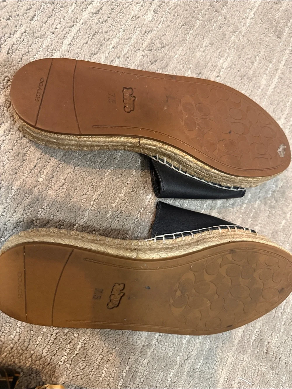Classic Coach Black Leather Espadrille Slides with Gold Carriage Emblem